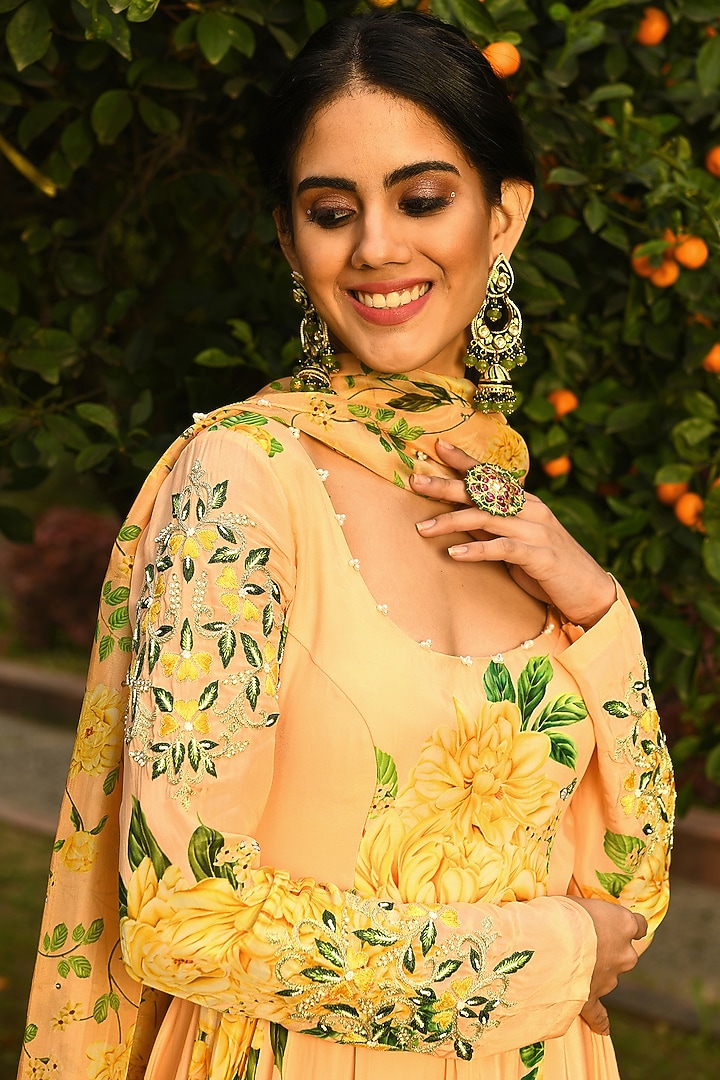 Butter Yellow Floral Printed Wedding Anarkali Set by Neha Chopra Tandon at Pernia's Pop Up Shop