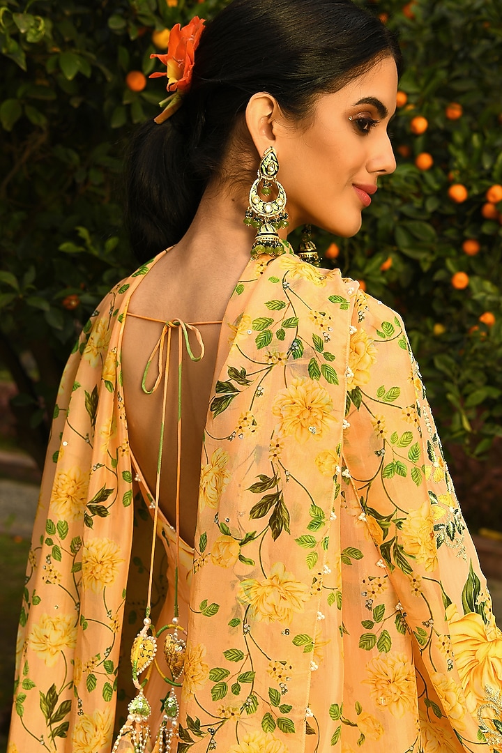 Butter Yellow Floral Printed Wedding Anarkali Set by Neha Chopra Tandon at Pernia's Pop Up Shop