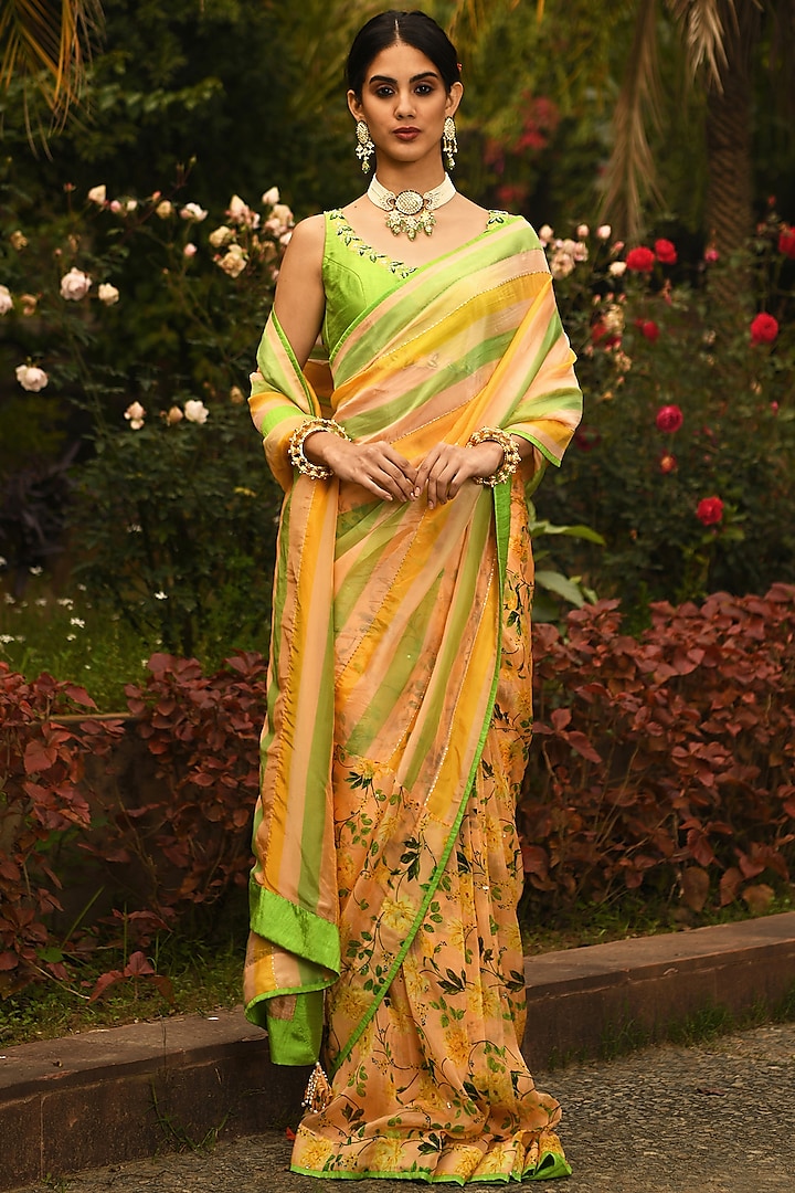 Butter Yellow & Leaf Green Hand Embroidered & Printed Saree Set by Neha Chopra Tandon