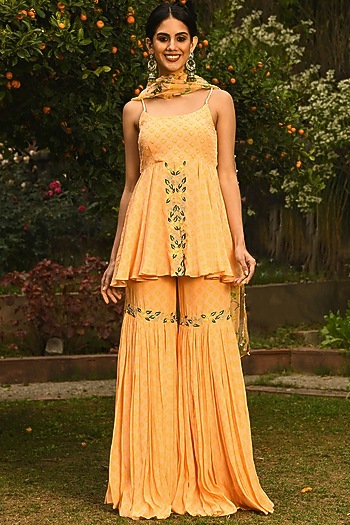 Butter Yellow Floral Printed Wedding Sharara Set by Neha Chopra Tandon at Pernia's Pop Up Shop