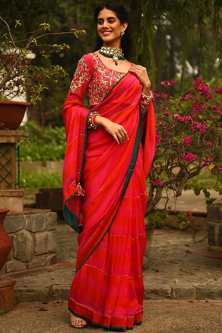 Reddish-Pink Hand Embroidered & Striped Saree Set by Neha Chopra Tandon
