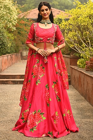 Reddish-Pink Floral Printed Lehenga Set by Neha Chopra Tandon