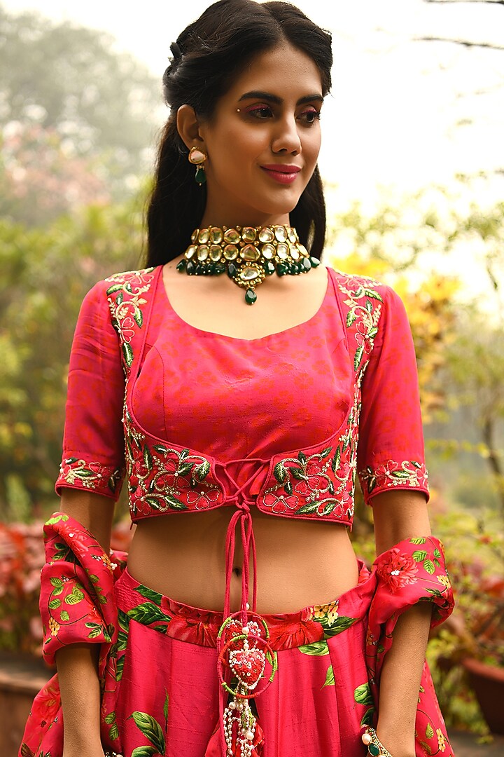 Reddish-Pink Floral Printed Wedding Lehenga Set by Neha Chopra Tandon at Pernia's Pop Up Shop