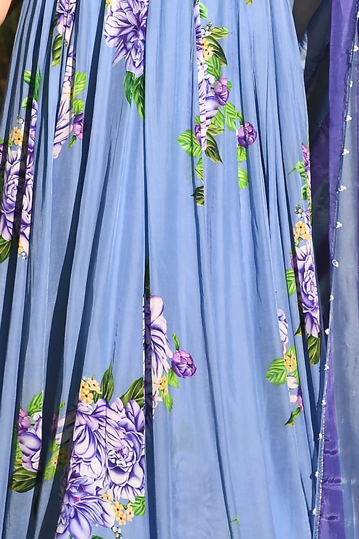 Pastel Blue Floral Printed Wedding Anarkali Set by Neha Chopra Tandon at Pernia's Pop Up Shop