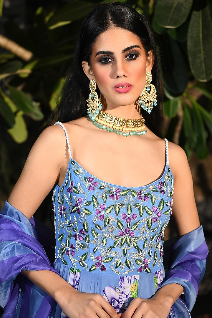 Pastel Blue Floral Printed Wedding Anarkali Set by Neha Chopra Tandon at Pernia's Pop Up Shop