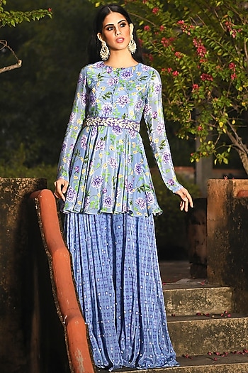 Pastel Blue Hand Embroidered Flared Wedding Sharara Set by Neha Chopra Tandon at Pernia's Pop Up Shop