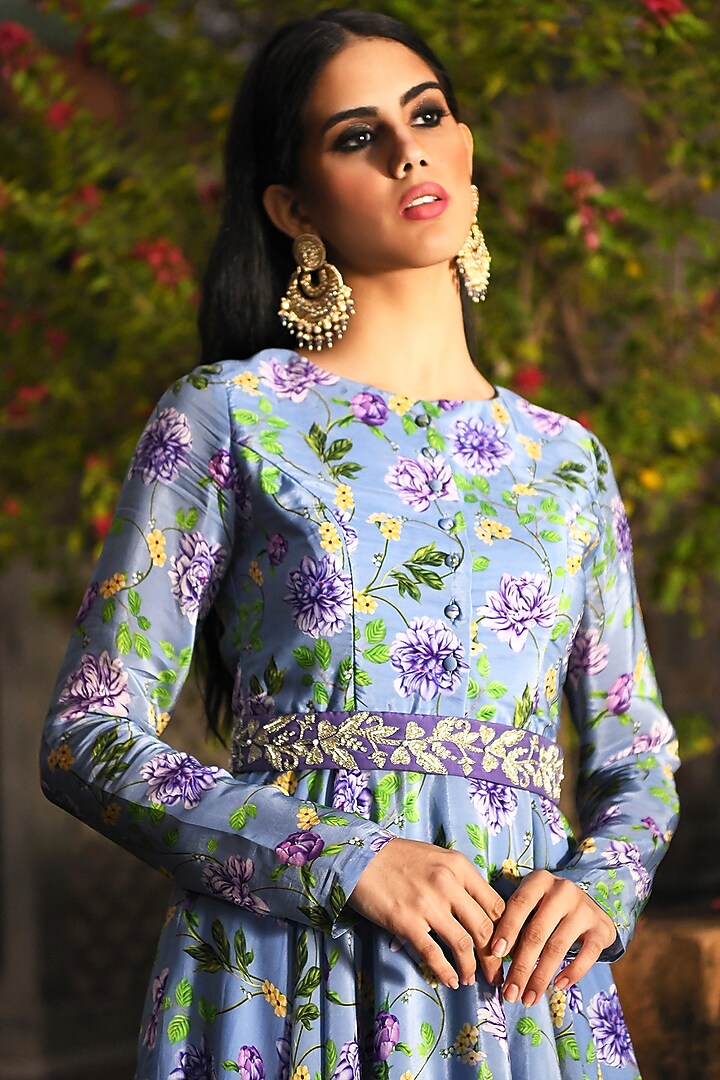 Pastel Blue Hand Embroidered Flared Wedding Sharara Set by Neha Chopra Tandon at Pernia's Pop Up Shop