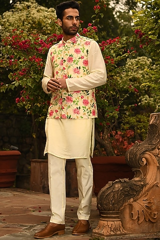 Butter Yellow Floral Printed Nehru Jacket With Kurta Set by Neha Chopra Tandon Men