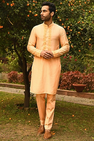 Peach Floral Printed Kurta Set by Neha Chopra Tandon Men