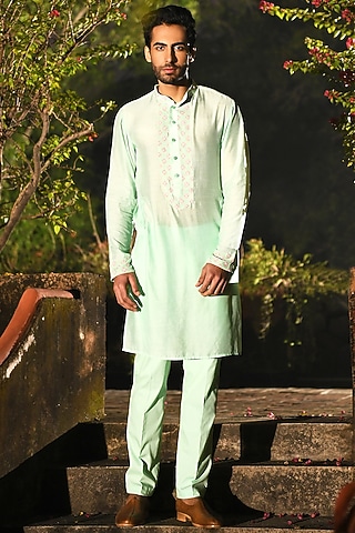 Ice Mint Floral Printed Kurta Set by Neha Chopra Tandon Men