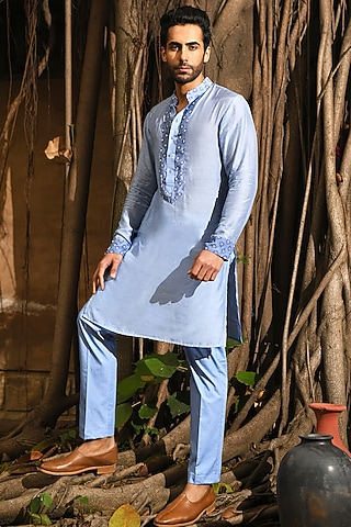 Pastel Blue Floral Printed Kurta Set by Neha Chopra Tandon Men