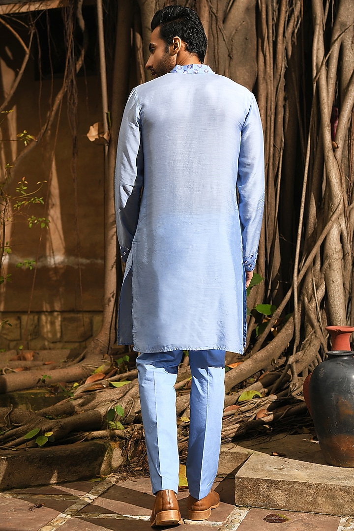 Pastel Blue Floral Printed Kurta Set by Neha Chopra Tandon Men at Pernia's Pop Up Shop