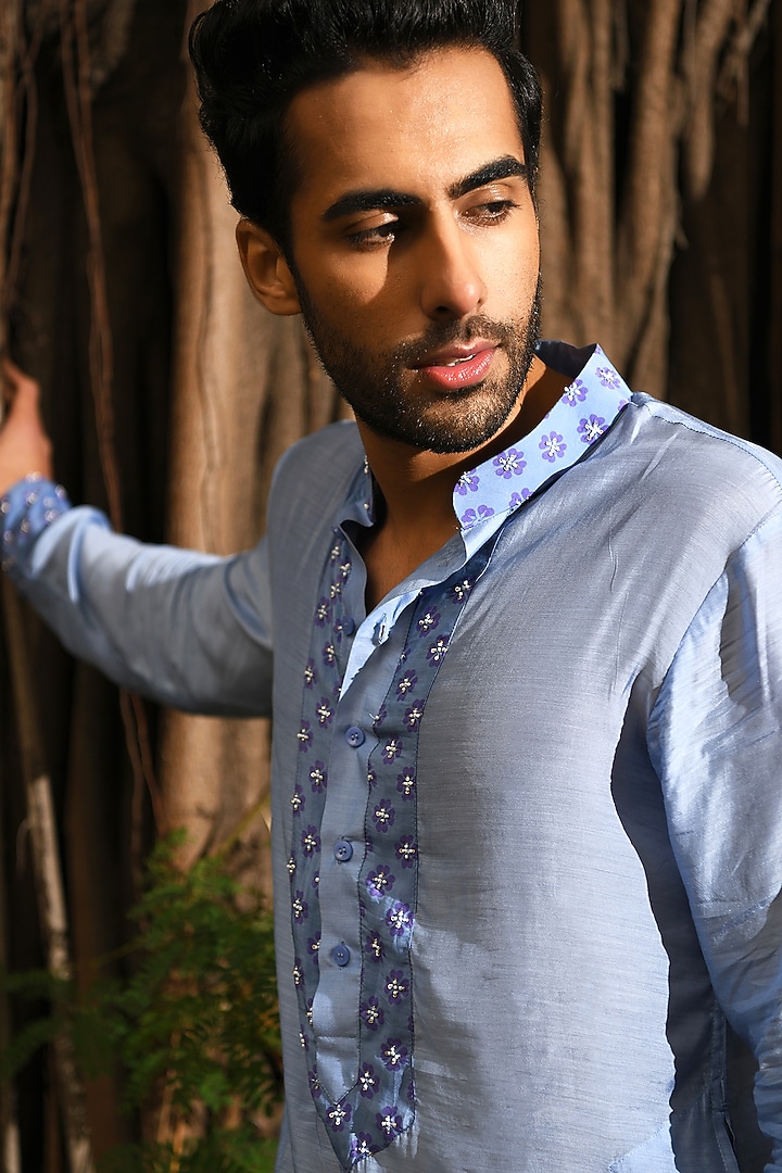 Pastel Blue Floral Printed Kurta Set by Neha Chopra Tandon Men at Pernia's Pop Up Shop