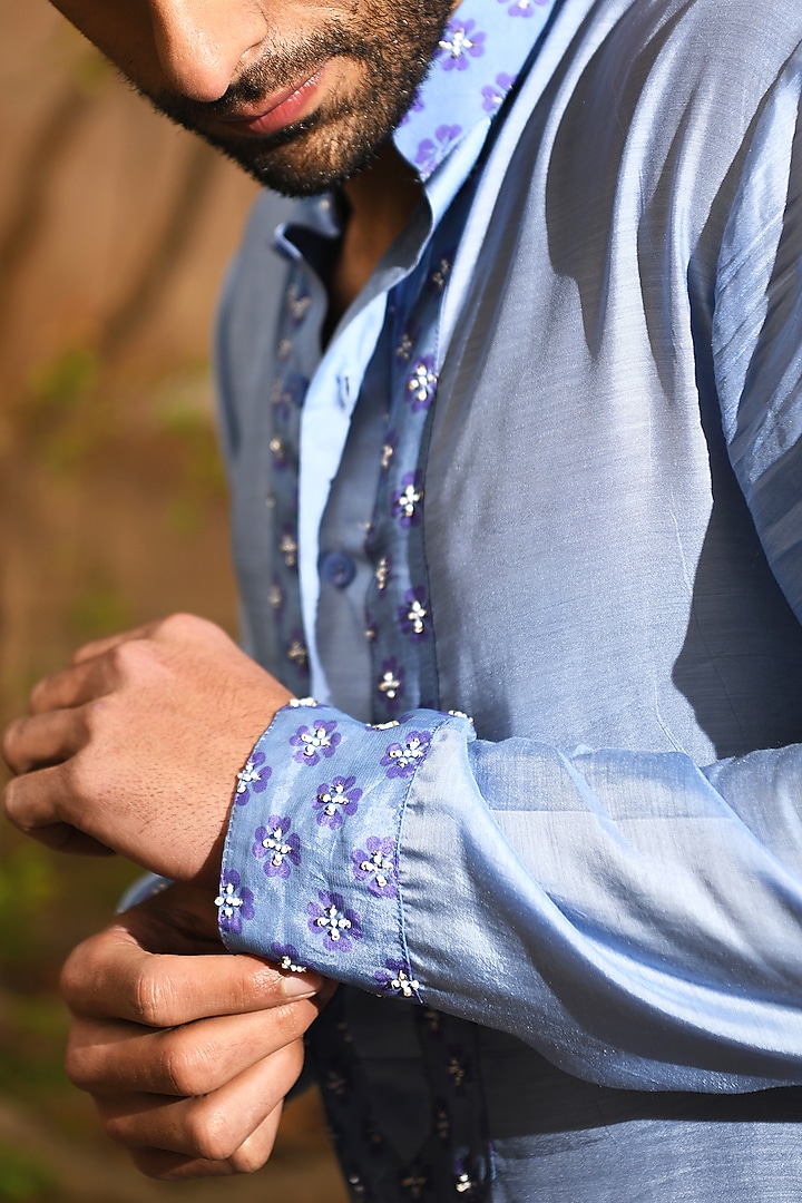 Pastel Blue Floral Printed Kurta Set by Neha Chopra Tandon Men at Pernia's Pop Up Shop