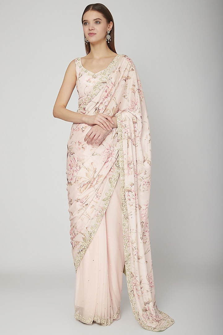 Blush Pink Floral Printed Pre-Stitched Saree Set by Neha Chopra Tandon