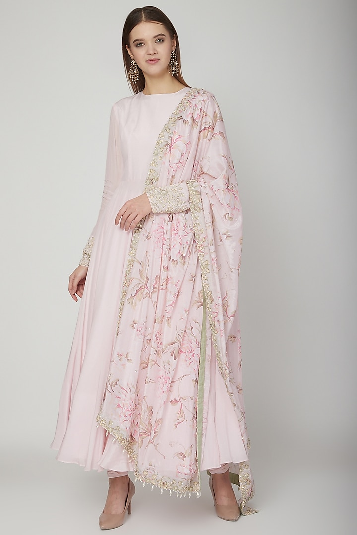 Blush Pink Embroidered & Floral Printed Anarkali Set by Neha Chopra Tandon