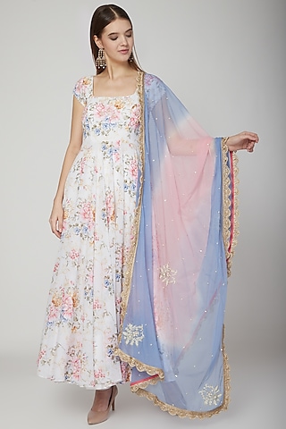 White Floral Printed Anarkali Set by Neha Chopra Tandon