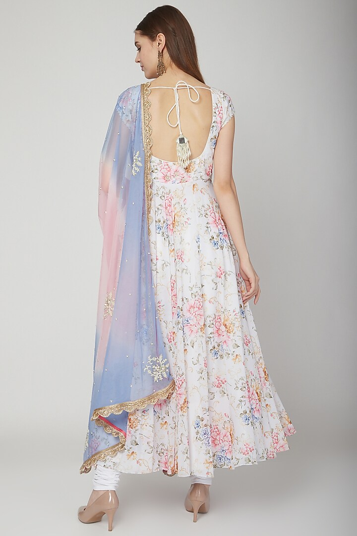 White Floral Printed Party Wear Anarkali Set by Neha Chopra Tandon at Pernia's Pop Up Shop