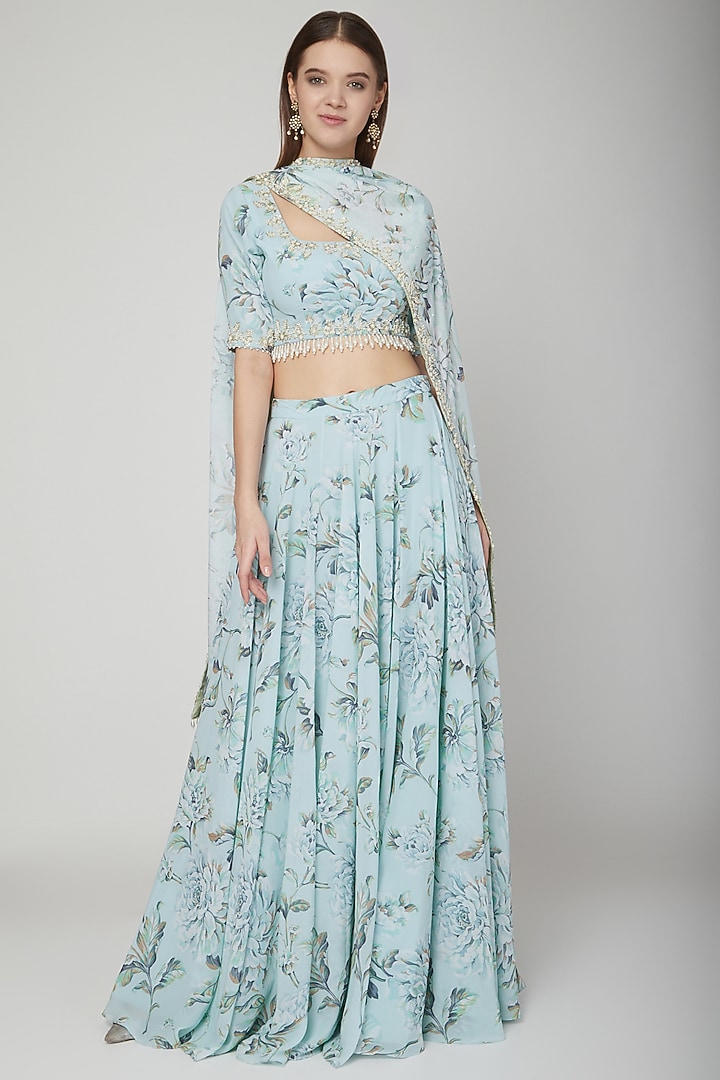 Sky Blue Floral Wedding Lehenga Set by Neha Chopra Tandon at Pernia's Pop Up Shop