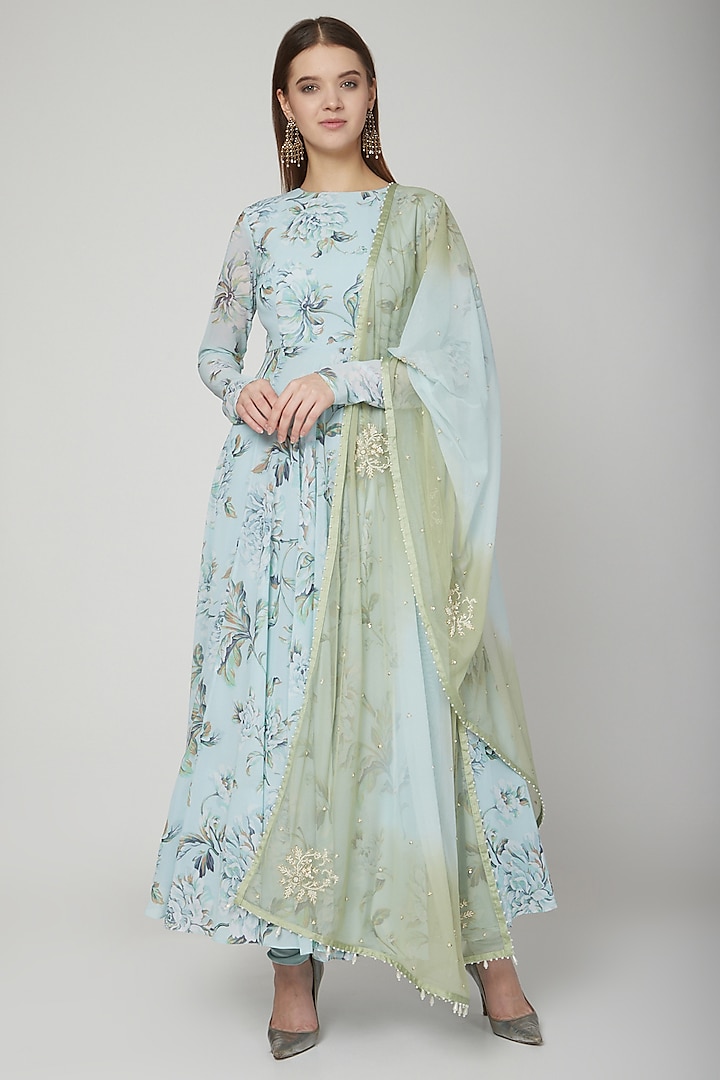 Pale Blue Floral Printed Anarkali Set Design by Neha Chopra Tandon at ...