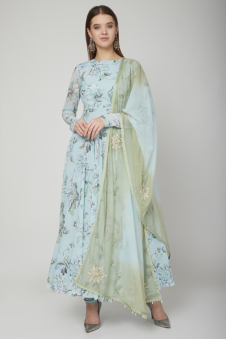 Pale Blue Floral Printed Anarkali Set by Neha Chopra Tandon