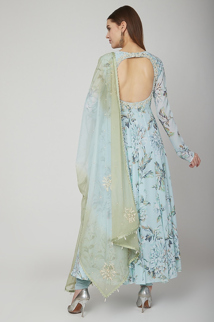 Pale Blue Floral Printed Party Wear Anarkali Set by Neha Chopra Tandon at Pernia's Pop Up Shop