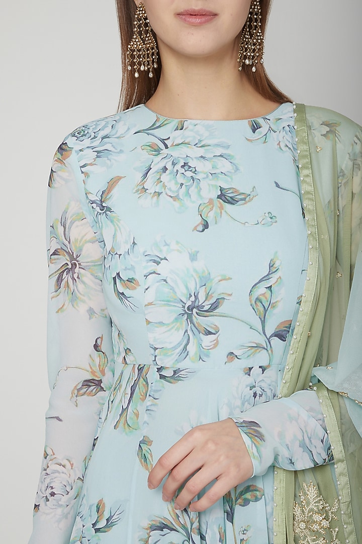 Pale Blue Floral Printed Party Wear Anarkali Set by Neha Chopra Tandon at Pernia's Pop Up Shop