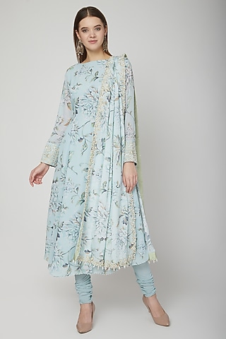 Pale Blue Embroidered Floral Anarkali Set by Neha Chopra Tandon