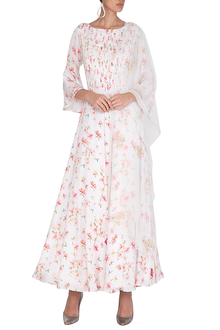 White Embroidered Printed Backless Party Wear Anarkali Set by Neha Chopra Tandon at Pernia's Pop Up Shop