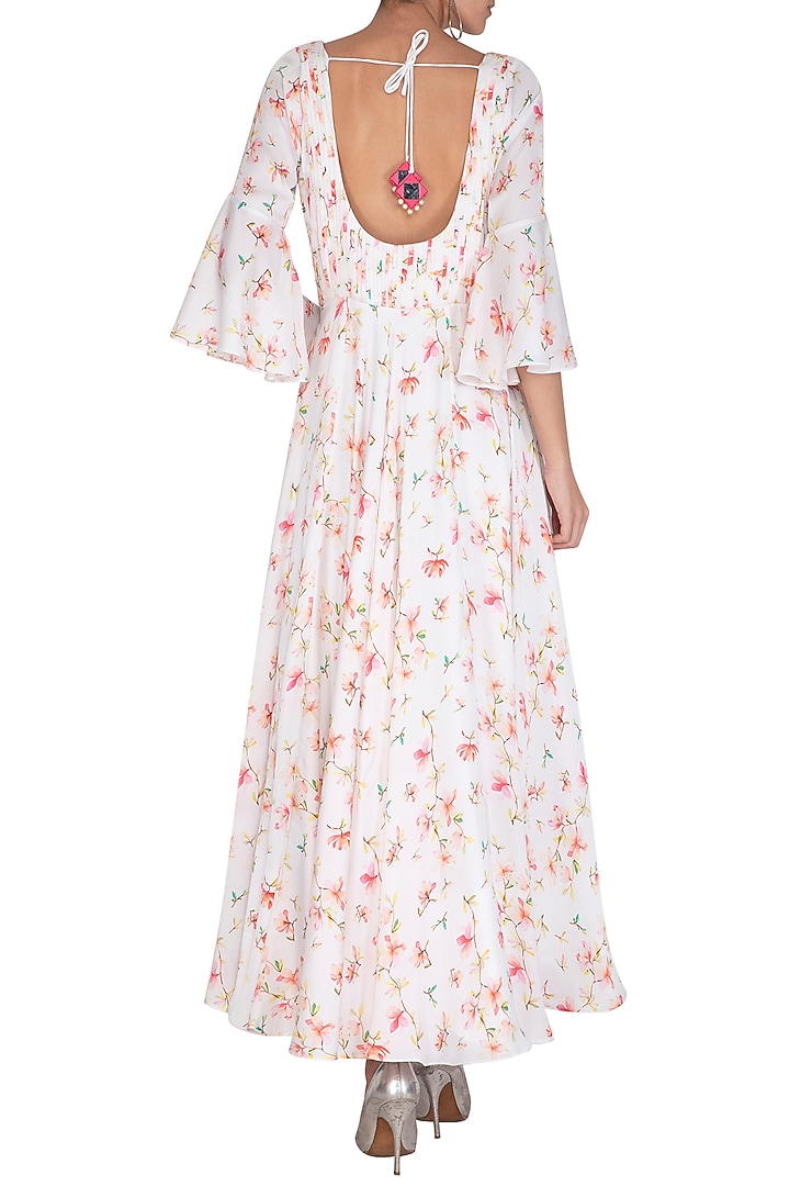 White Embroidered Printed Backless Party Wear Anarkali Set by Neha Chopra Tandon at Pernia's Pop Up Shop