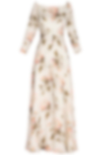 Cream Embroidered Printed Off Shoulder Jumpsuit by Neha Chopra Tandon at Pernia's Pop Up Shop