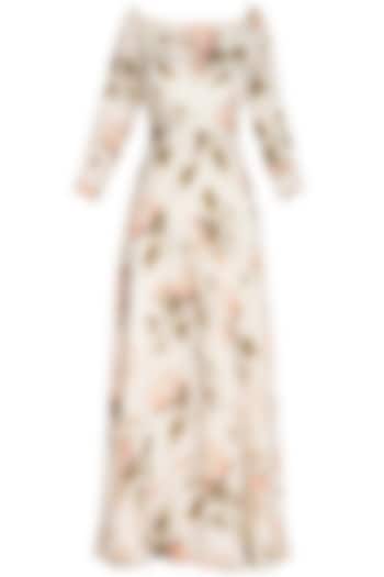 Cream Embroidered Printed Off Shoulder Jumpsuit by Neha Chopra Tandon