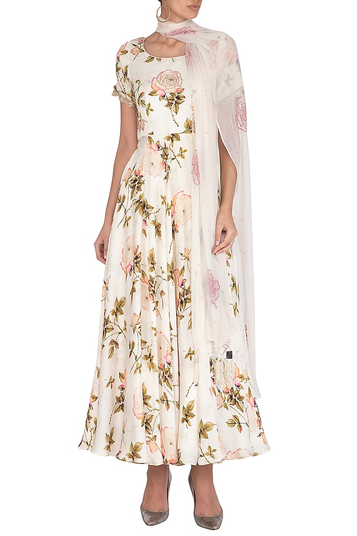 Cream Embroidered & Floral Printed Party Wear Anarkali Set by Neha Chopra Tandon at Pernia's Pop Up Shop