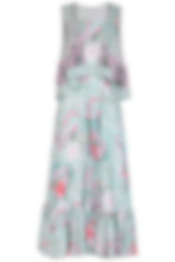 Blue Printed Jumpsuit With Embroidered Jacket by Neha Chopra Tandon at Pernia's Pop Up Shop