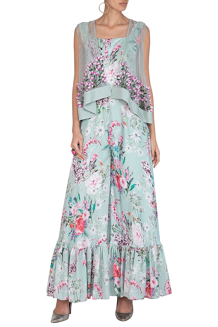 Blue Printed Jumpsuit With Embroidered Jacket by Neha Chopra Tandon at Pernia's Pop Up Shop
