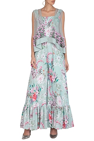 Blue Printed Jumpsuit With Embroidered Jacket by Neha Chopra Tandon