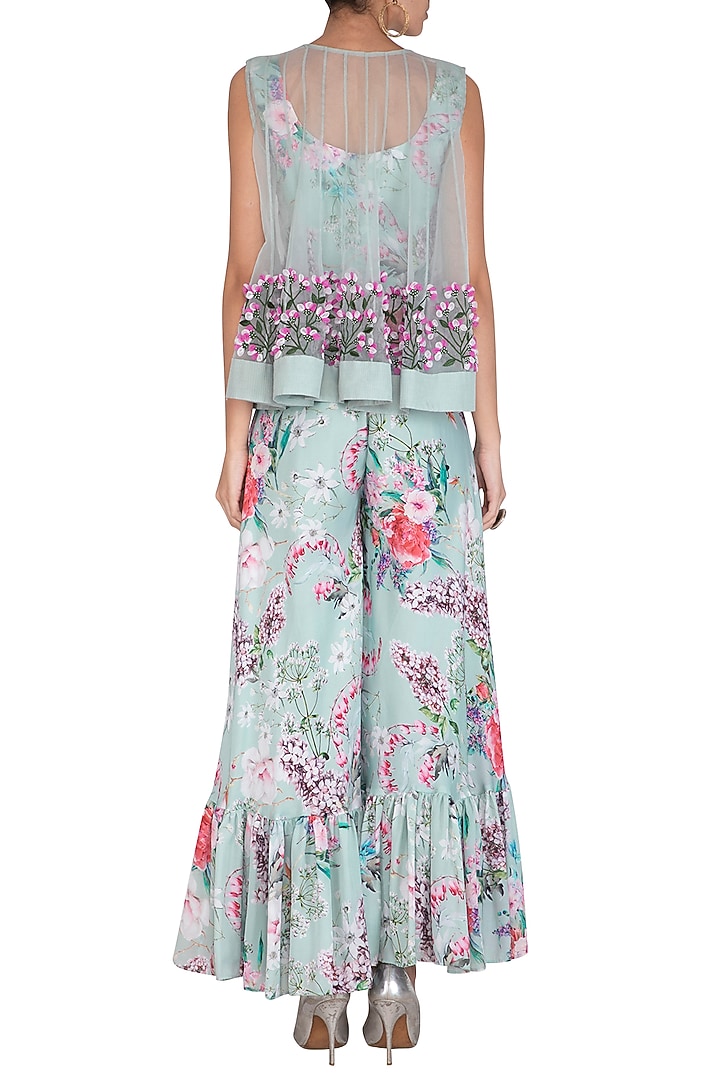Blue Printed Jumpsuit With Embroidered Jacket by Neha Chopra Tandon at Pernia's Pop Up Shop