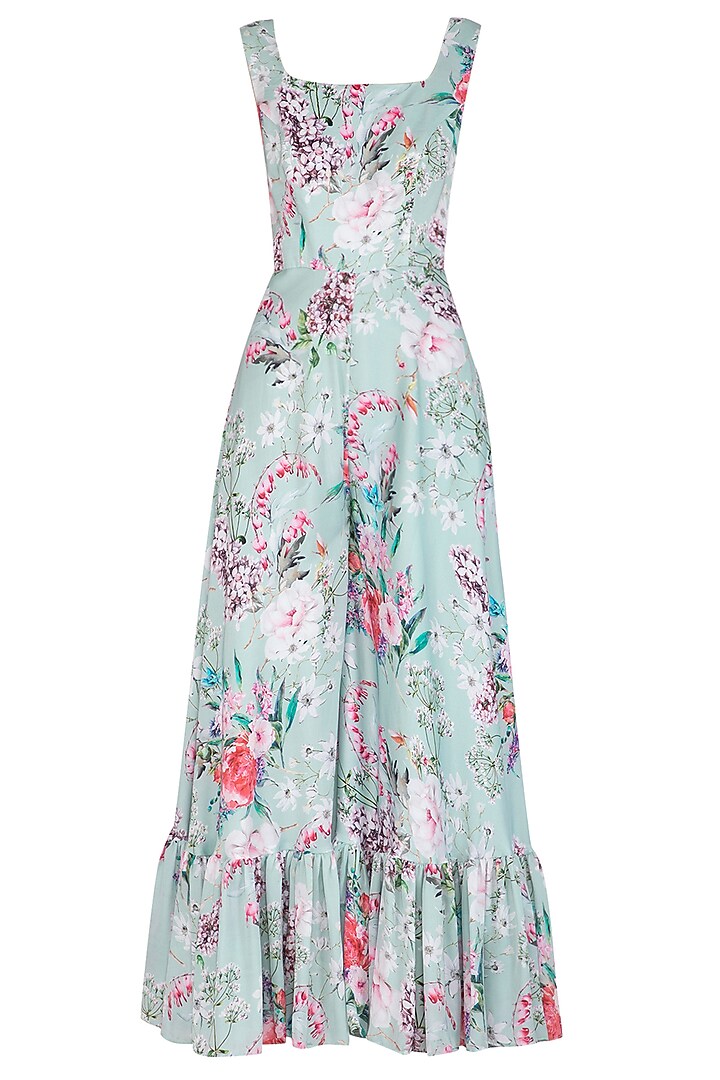 Blue Printed Jumpsuit With Embroidered Jacket by Neha Chopra Tandon at Pernia's Pop Up Shop