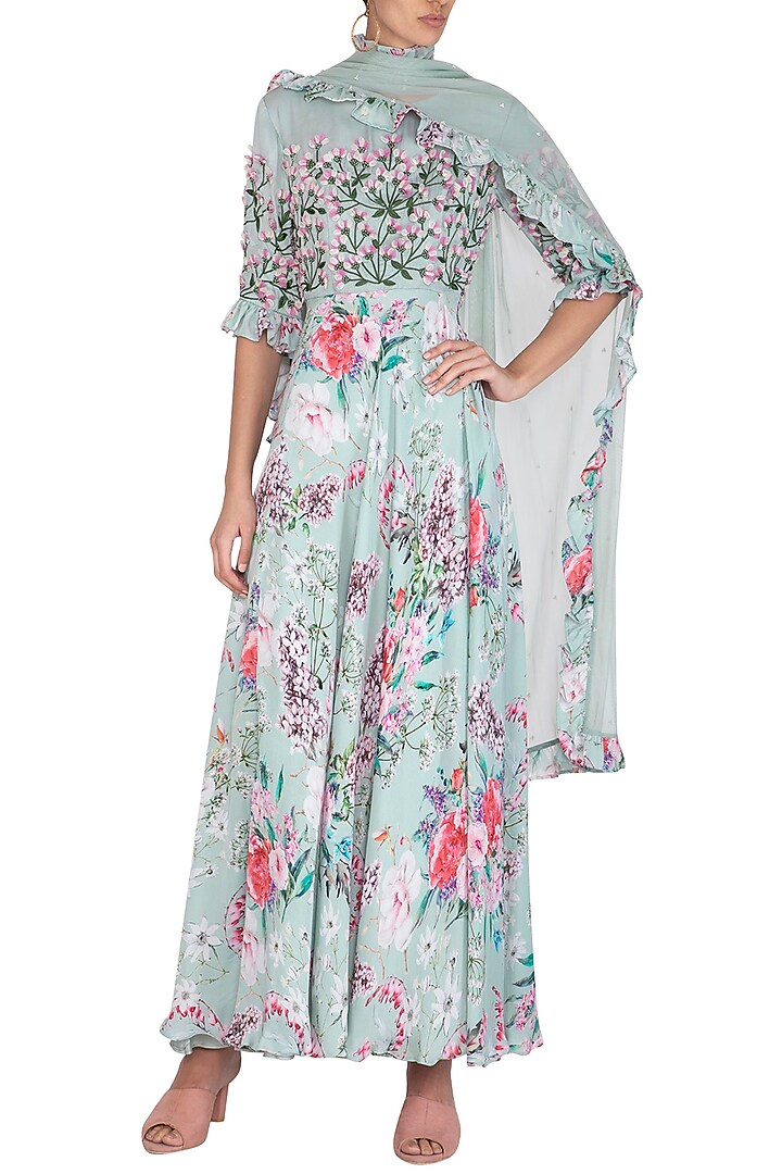 Blue Embroidered Printed Party Wear Anarkali Kurta With Dupatta by Neha Chopra Tandon at Pernia's Pop Up Shop