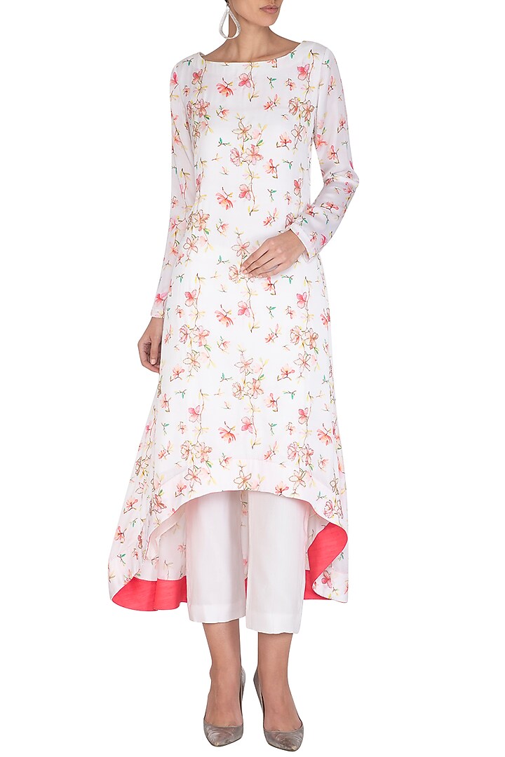 White Printed Tunic With Cigarette Pants by Neha Chopra Tandon at Pernia's Pop Up Shop