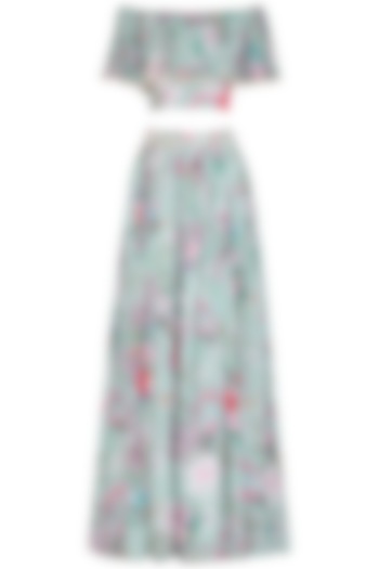 Blue Printed Crop Top With Embroidered Skirt by Neha Chopra Tandon at Pernia's Pop Up Shop