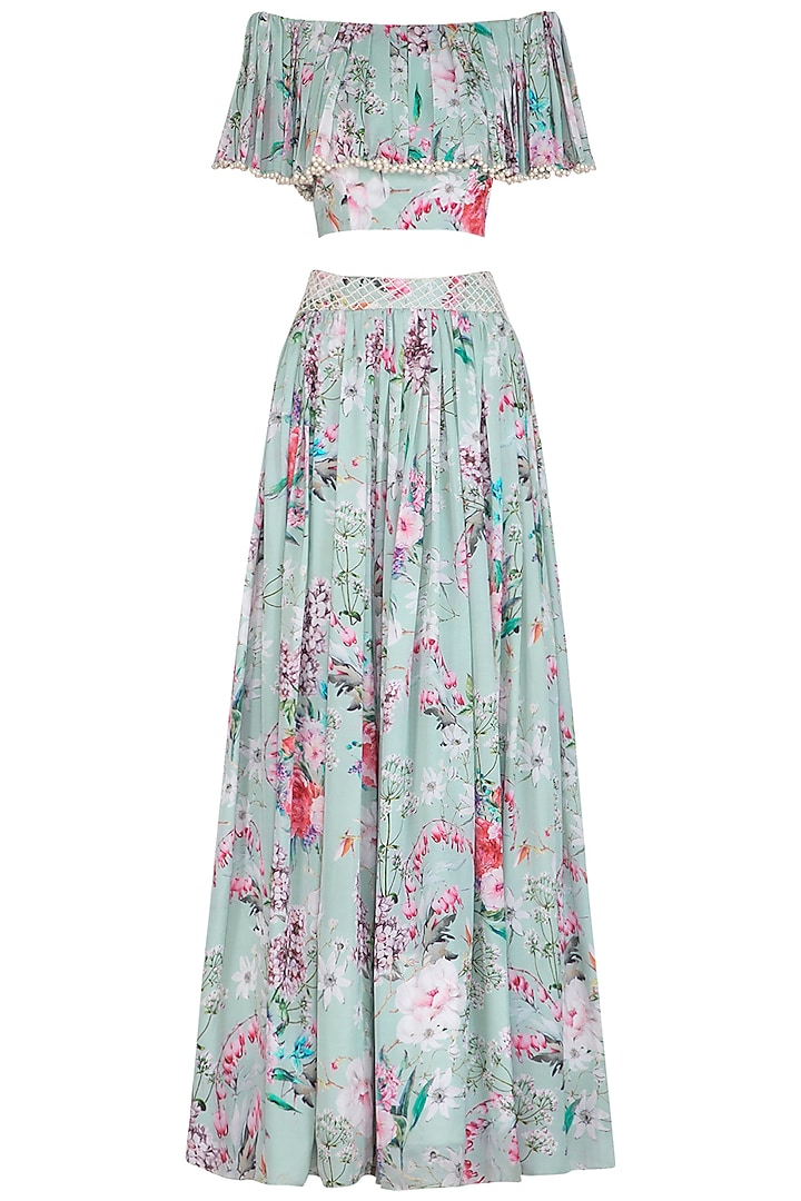 Blue Printed Crop Top With Embroidered Skirt by Neha Chopra Tandon at Pernia's Pop Up Shop