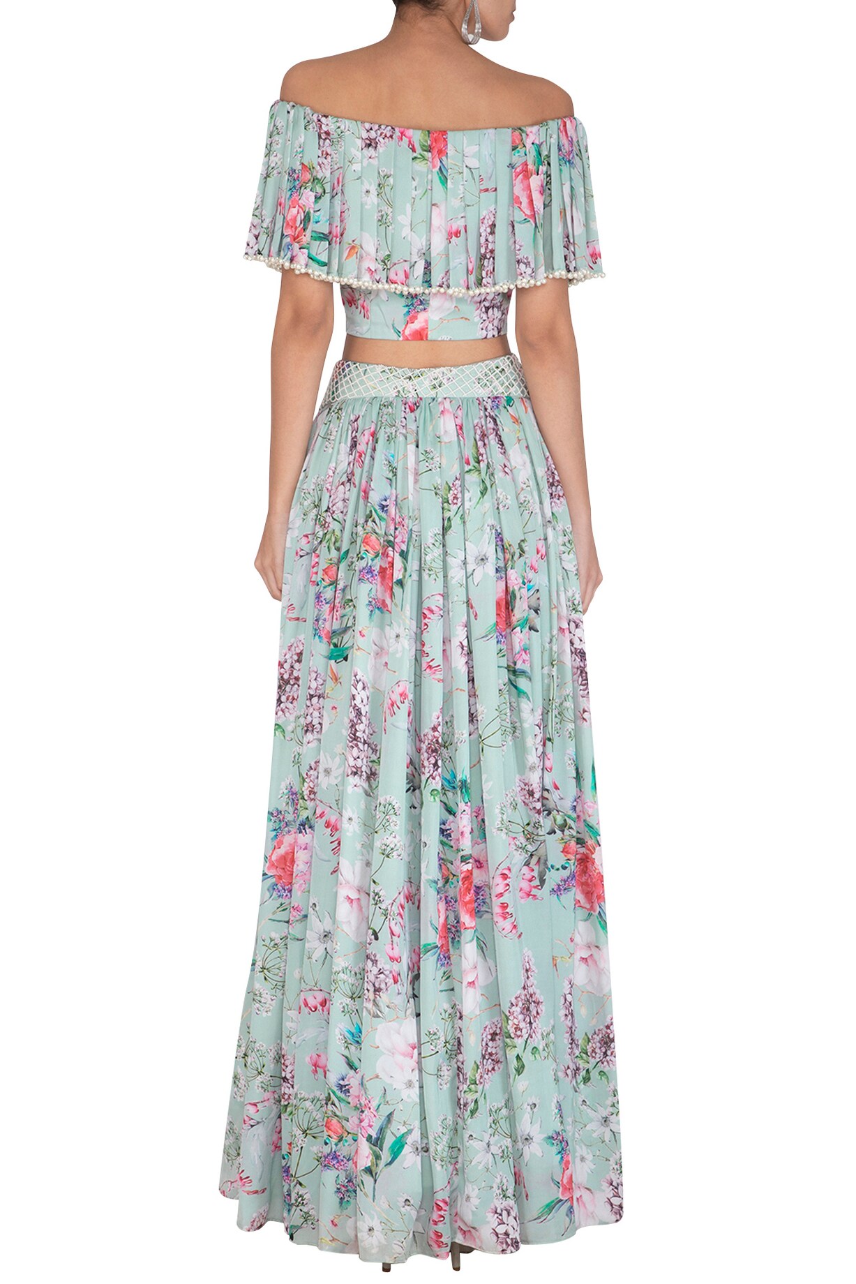 Blue Printed Crop Top With Floral A-Line Skirt main image 1