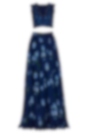 Dark Blue Embroidered Printed Wedding Lehenga Set by Neha Chopra Tandon at Pernia's Pop Up Shop