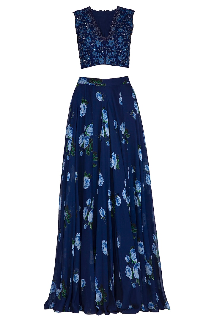 Dark Blue Embroidered Printed Wedding Lehenga Set by Neha Chopra Tandon at Pernia's Pop Up Shop