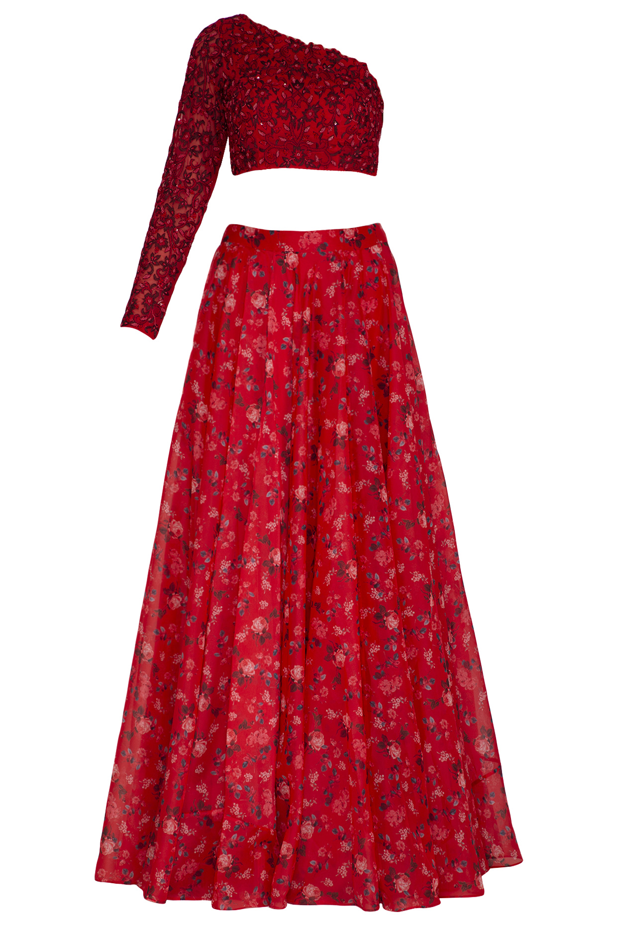 Red Embroidered Printed Lehenga Set by Neha Chopra Tandon