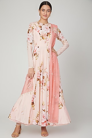 Blush Pink Printed Anarkali Set by Neha Chopra Tandon