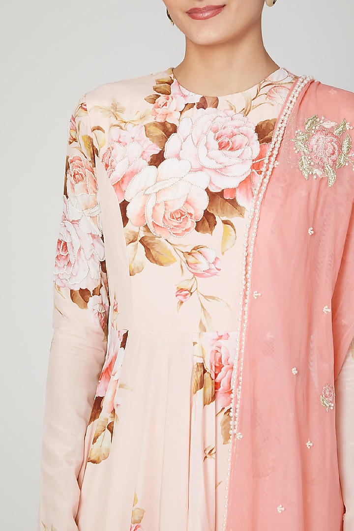 Blush Pink Printed Party Wear Anarkali Set by Neha Chopra Tandon at Pernia's Pop Up Shop