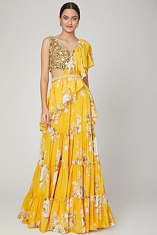 Mango Yellow Printed Lehenga Saree Set With Belt by Neha Chopra Tandon