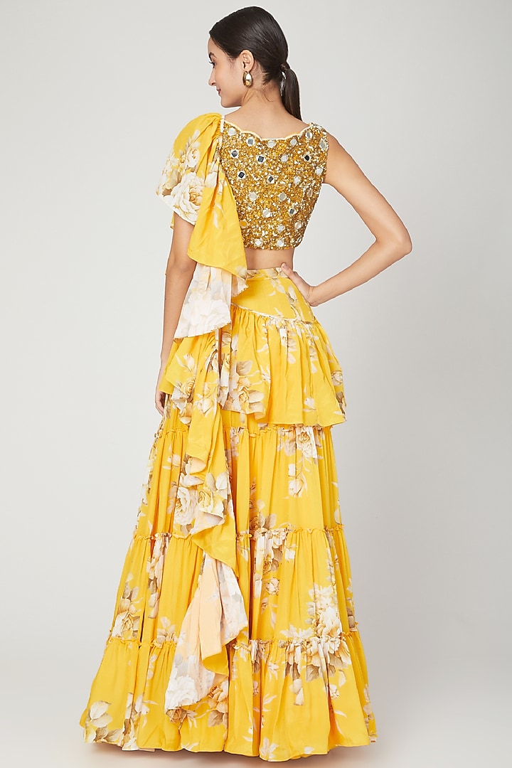 Mango Yellow Printed Wedding Lehenga Saree Set With Belt by Neha Chopra Tandon at Pernia's Pop Up Shop